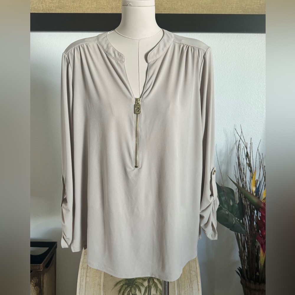 Michael Kors Womens Blouse Top Beige Tan Roll Tab Sleeves MK Logo Gold 1/2 Zip L